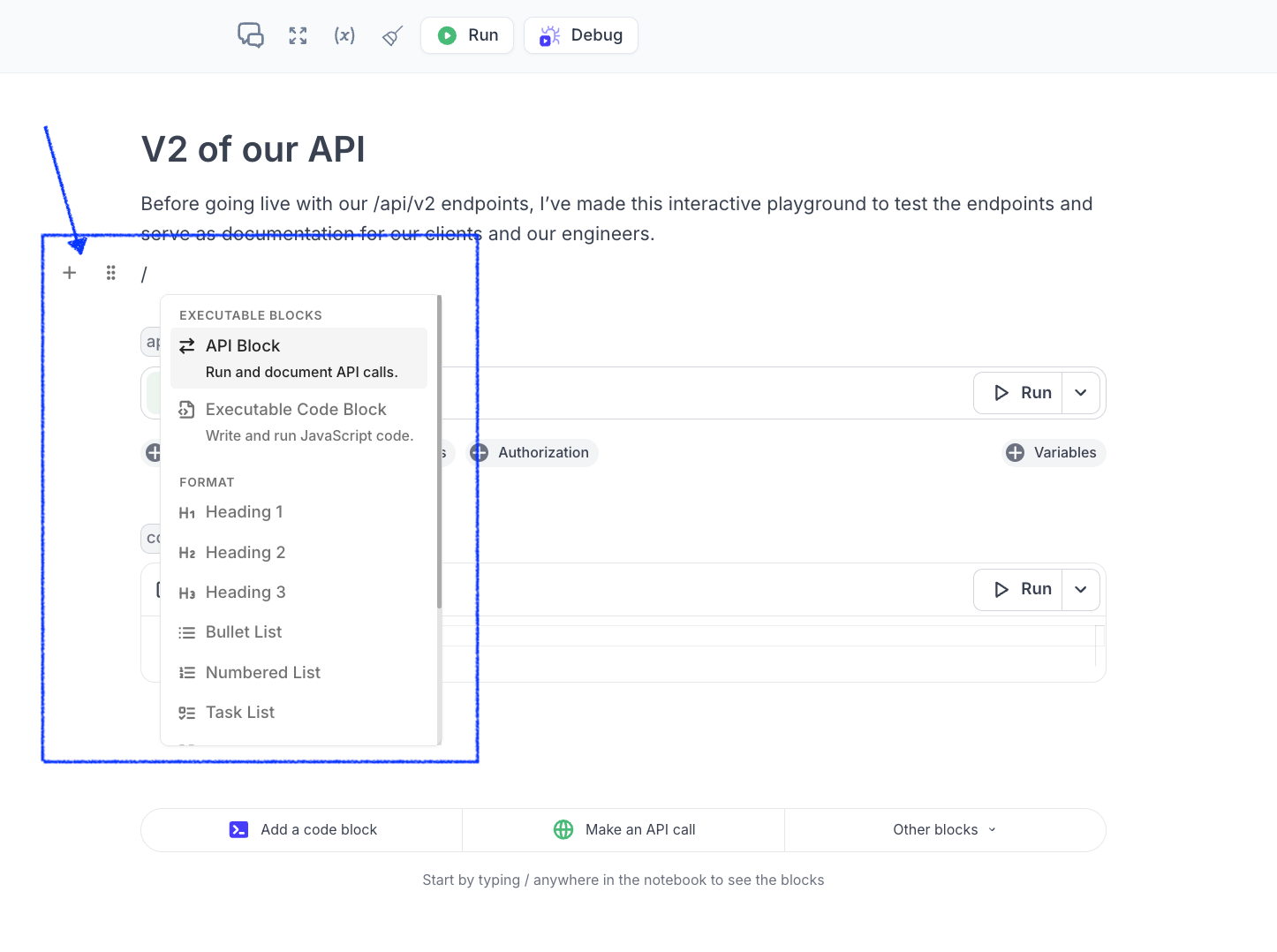 Screenshot of adding blocks to a Notebook