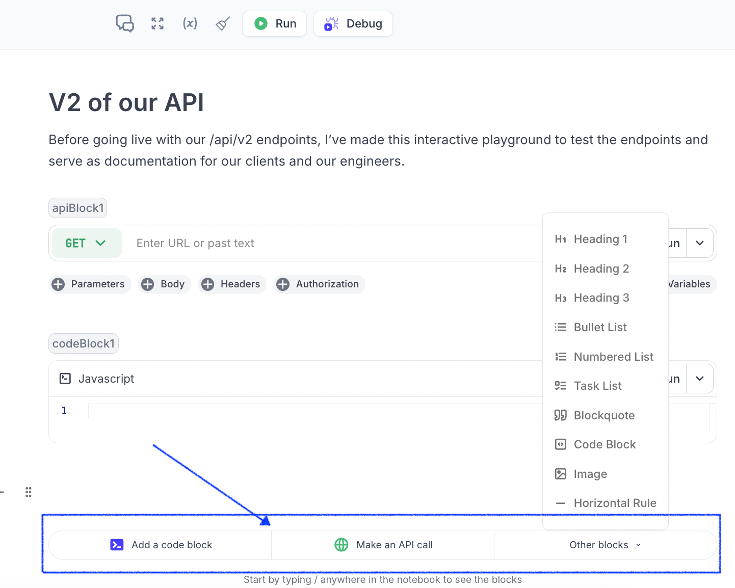 Screenshot of adding blocks to a Notebook from the footer nav